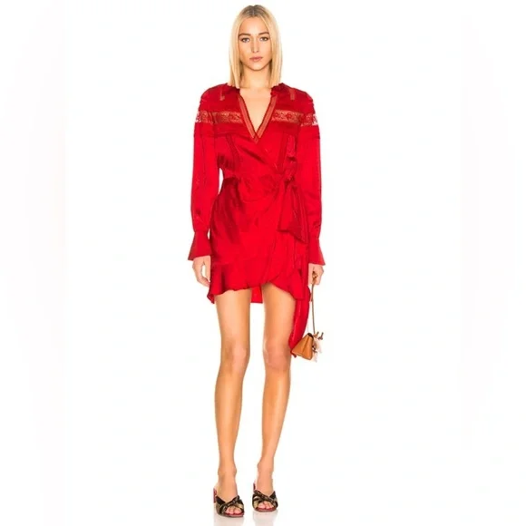 SELF-PORTRAIT Trimmed Wrap Red Dress - Picture 4 of 16